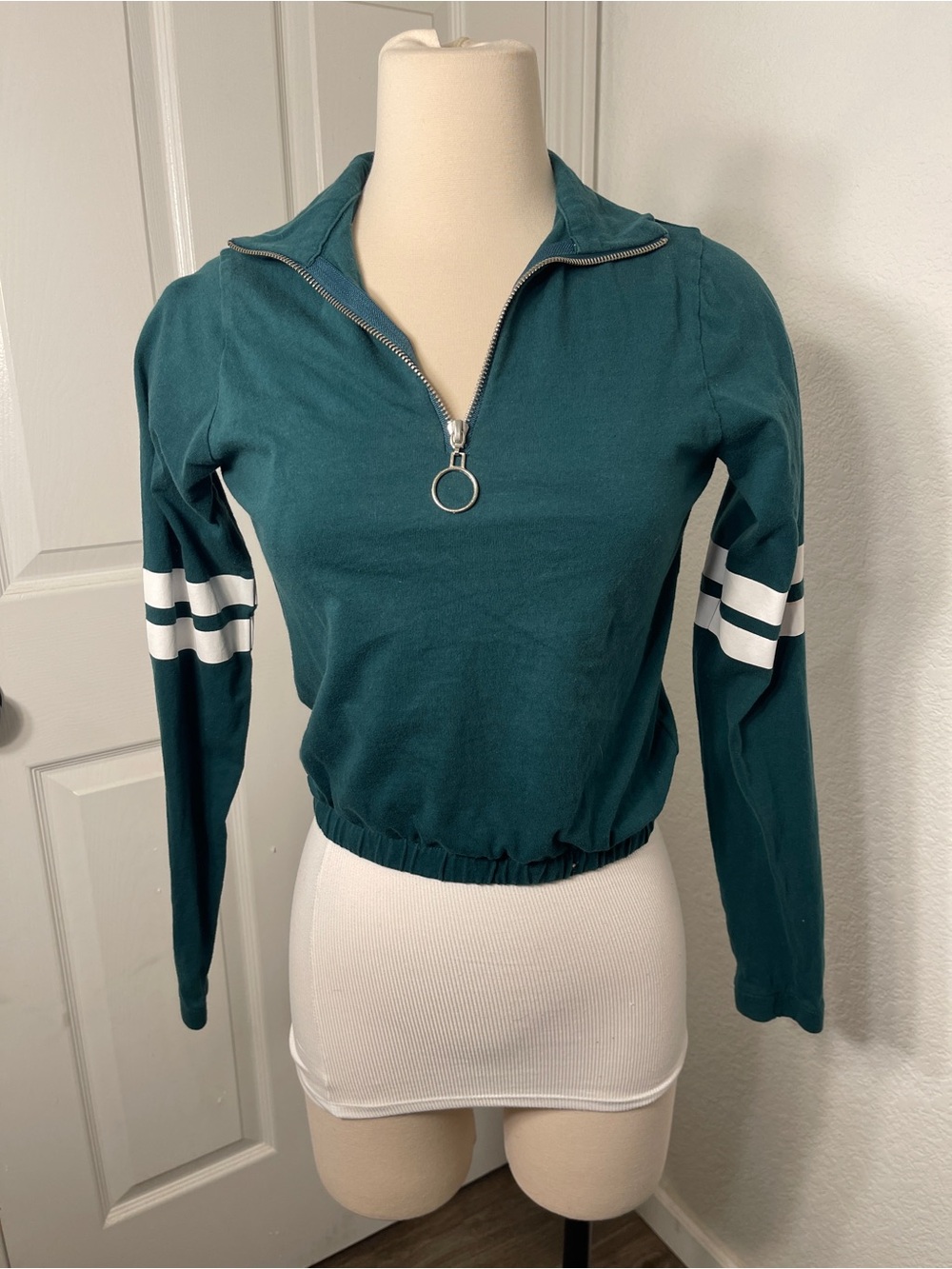 Full Tilt Teal Half-Zip Pullover with Ring Zip and Sleeve Stripes